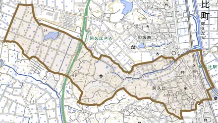 大字阿久比とその周辺の地図。町の範囲を重ねている