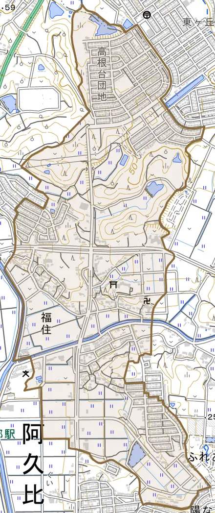大字福住とその周辺の地図。町の範囲を重ねている