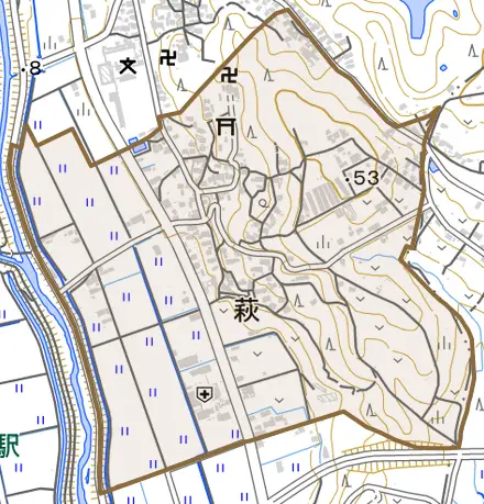 大字萩とその周辺の地図。町の範囲を重ねている