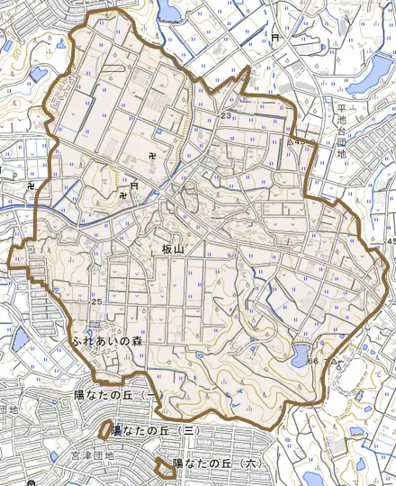 大字板山とその周辺の地図。町の範囲を重ねている