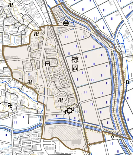 大字椋岡とその周辺の地図。町の範囲を重ねている