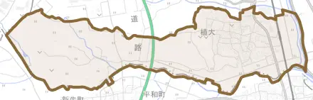 大字植大とその周辺の地図。町の範囲を重ねている