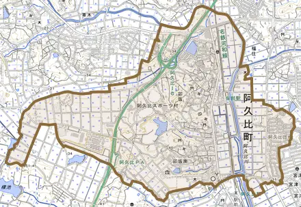 大字卯坂とその周辺の地図。町の範囲を重ねている