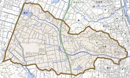 大字矢高とその周辺の地図。町の範囲を重ねている