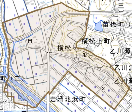 大字横松とその周辺の地図。町の範囲を重ねている