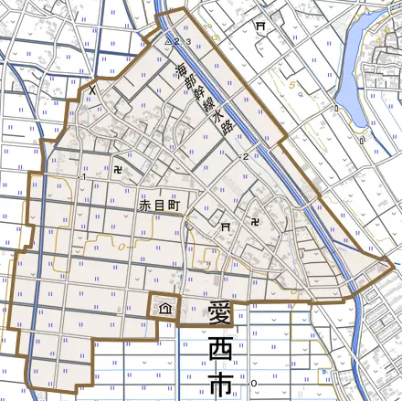 赤目町とその周辺の地図。町の範囲を重ねている