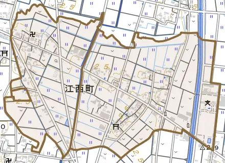 江西町とその周辺の地図。町の範囲を重ねている