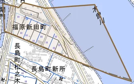 福原新田町とその周辺の地図。町の範囲を重ねている
