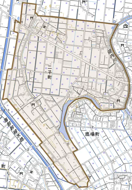 二子町とその周辺の地図。町の範囲を重ねている