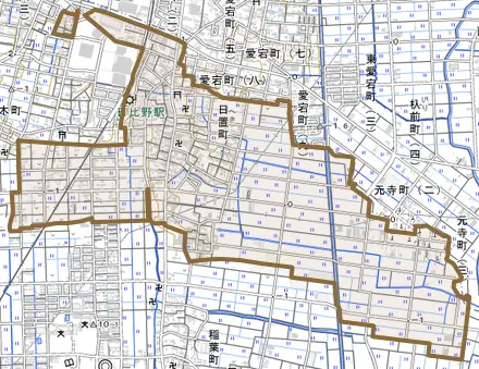 日置町とその周辺の地図。町の範囲を重ねている