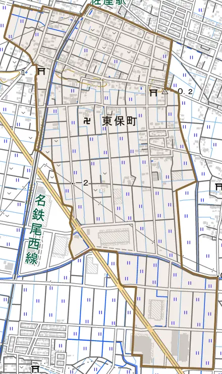 東保町とその周辺の地図。町の範囲を重ねている