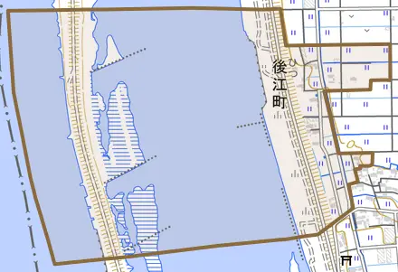 後江町とその周辺の地図。町の範囲を重ねている