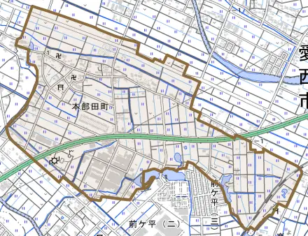 本部田町とその周辺の地図。町の範囲を重ねている