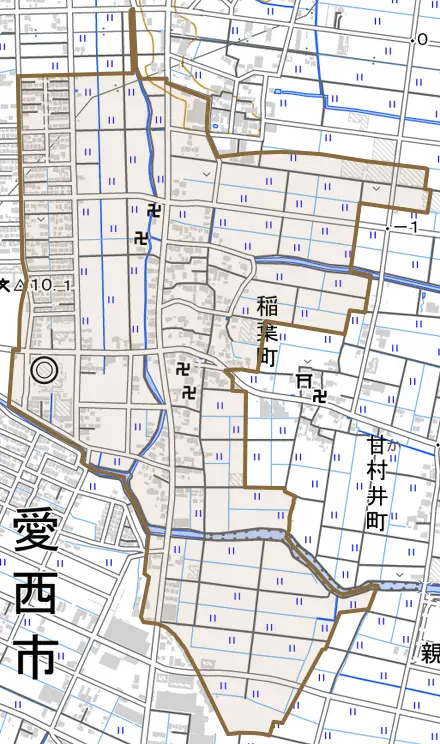 稲葉町とその周辺の地図。町の範囲を重ねている