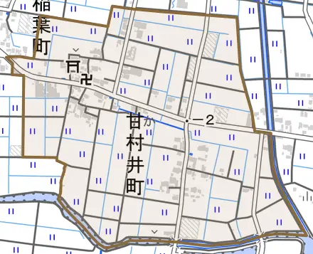 甘村井町とその周辺の地図。町の範囲を重ねている