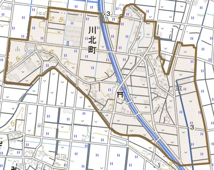 川北町とその周辺の地図。町の範囲を重ねている
