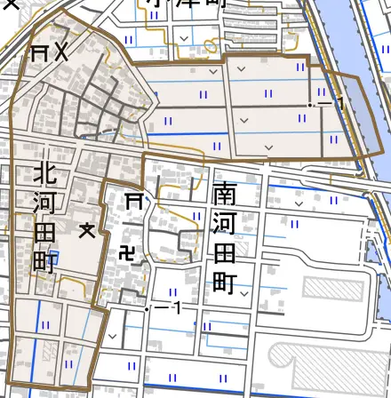 北河田町とその周辺の地図。町の範囲を重ねている