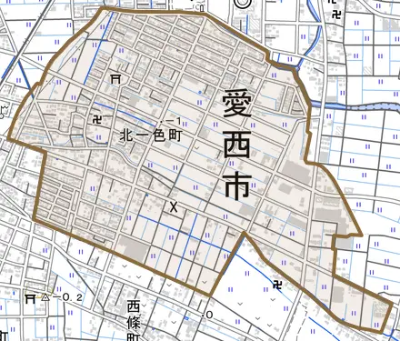 北一色町とその周辺の地図。町の範囲を重ねている