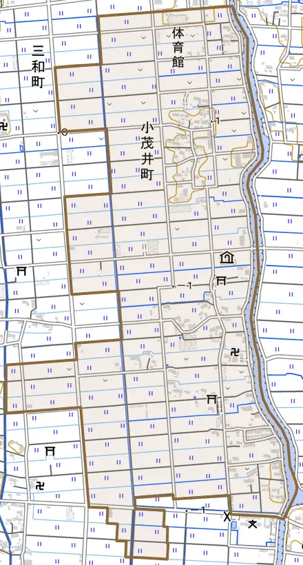 小茂井町とその周辺の地図。町の範囲を重ねている
