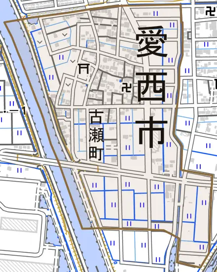 古瀬町とその周辺の地図。町の範囲を重ねている