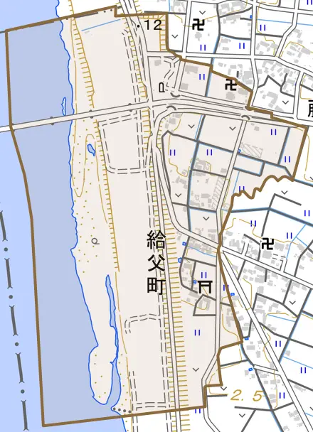 給父町とその周辺の地図。町の範囲を重ねている