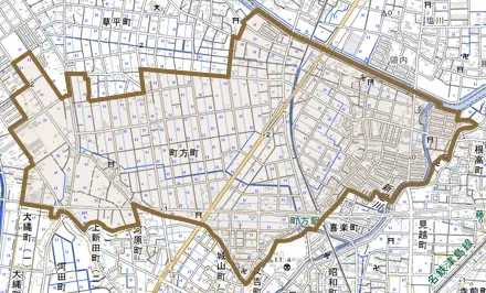 町方町とその周辺の地図。町の範囲を重ねている