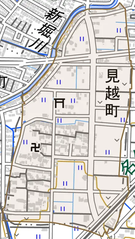 見越町とその周辺の地図。町の範囲を重ねている