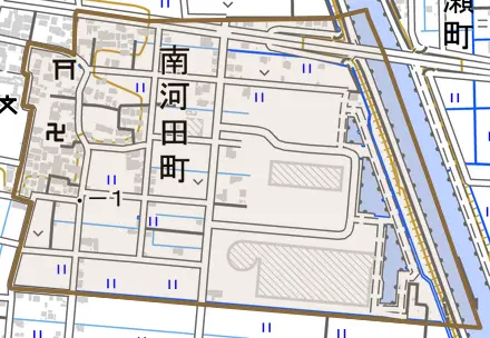 南河田町とその周辺の地図。町の範囲を重ねている