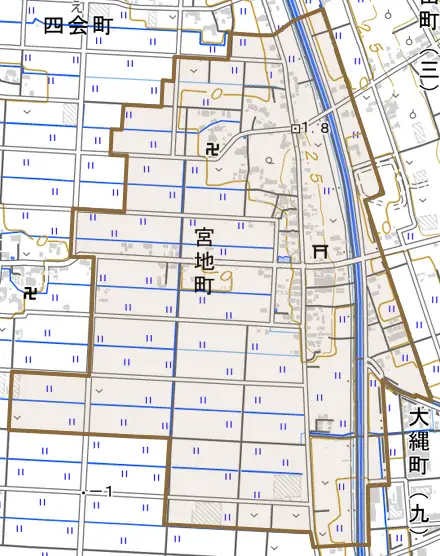 宮地町とその周辺の地図。町の範囲を重ねている