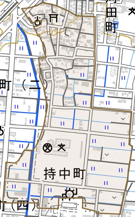 持中町とその周辺の地図。町の範囲を重ねている