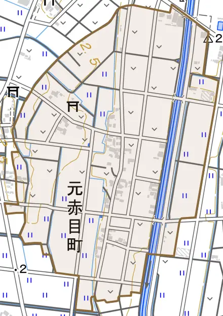 元赤目町とその周辺の地図。町の範囲を重ねている