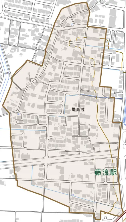 根高町とその周辺の地図。町の範囲を重ねている