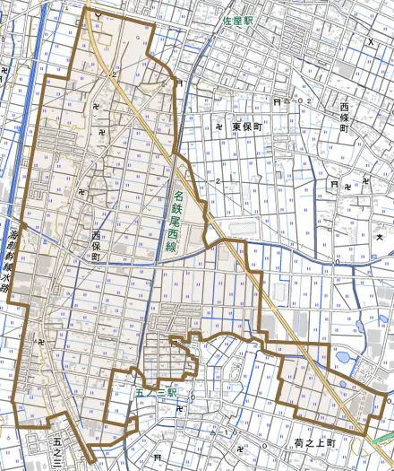 西保町とその周辺の地図。町の範囲を重ねている