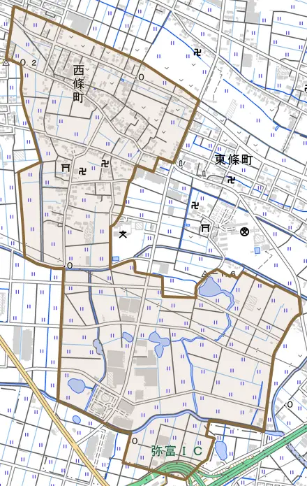西條町とその周辺の地図。町の範囲を重ねている