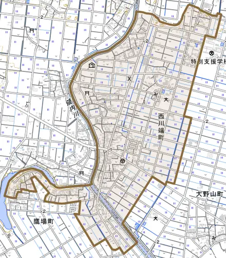 西川端町とその周辺の地図。町の範囲を重ねている