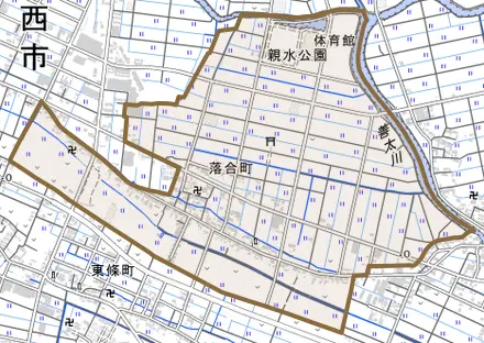 落合町とその周辺の地図。町の範囲を重ねている