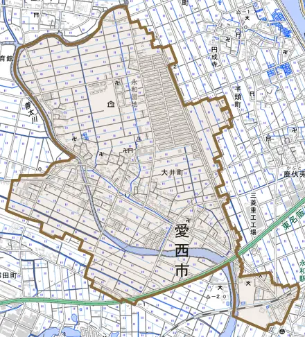 大井町とその周辺の地図。町の範囲を重ねている
