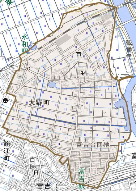 大野町とその周辺の地図。町の範囲を重ねている