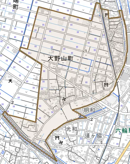 大野山町とその周辺の地図。町の範囲を重ねている