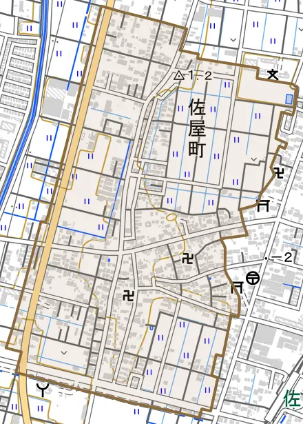 佐屋町とその周辺の地図。町の範囲を重ねている