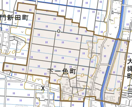 下一色町とその周辺の地図。町の範囲を重ねている