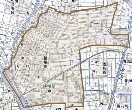 勝幡町とその周辺の地図。町の範囲を重ねている