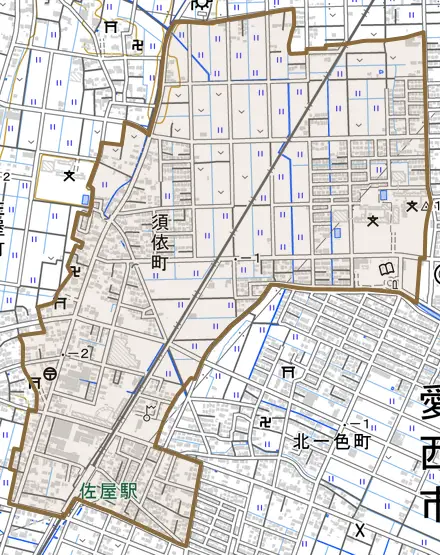 須依町とその周辺の地図。町の範囲を重ねている