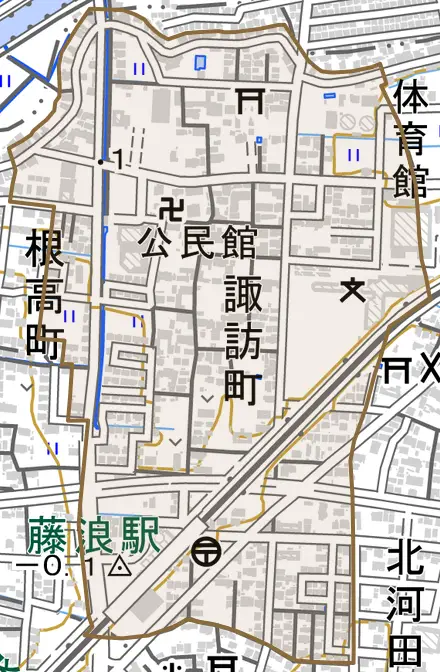 諏訪町とその周辺の地図。町の範囲を重ねている