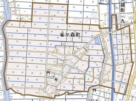 雀ケ森町とその周辺の地図。町の範囲を重ねている