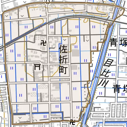 佐折町とその周辺の地図。町の範囲を重ねている