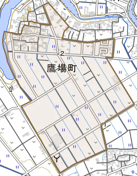 鷹場町とその周辺の地図。町の範囲を重ねている