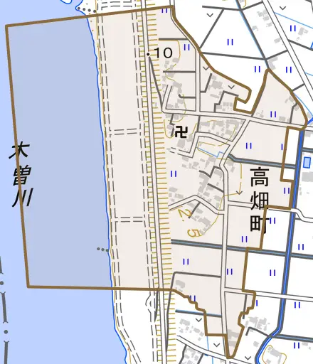 高畑町とその周辺の地図。町の範囲を重ねている