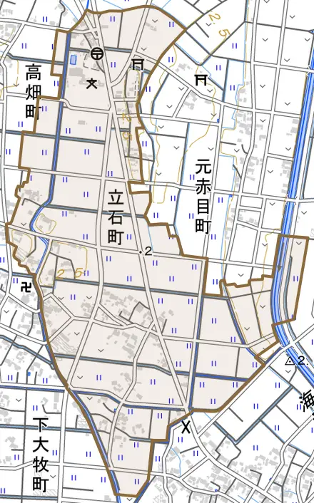 立石町とその周辺の地図。町の範囲を重ねている