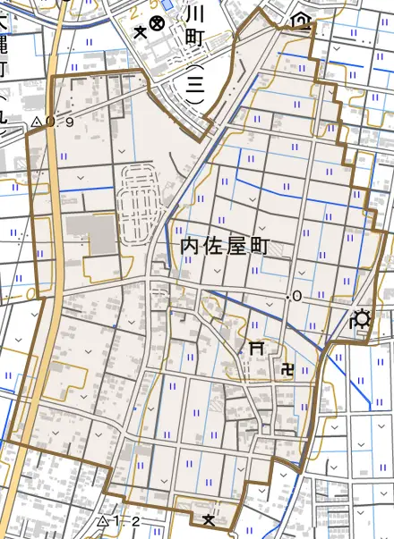 内佐屋町とその周辺の地図。町の範囲を重ねている